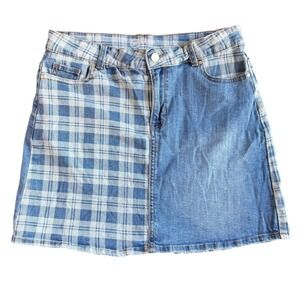 Wonder Nation Girls XL Denim Skirt Plaid Patchwork Blue Jean Skater